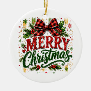 Merry Christmas Plaid Bow Ceramic Tree Decoration