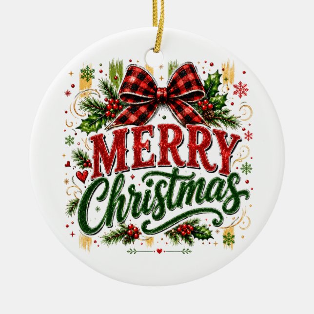 Merry Christmas Plaid Bow Ceramic Tree Decoration (Front)