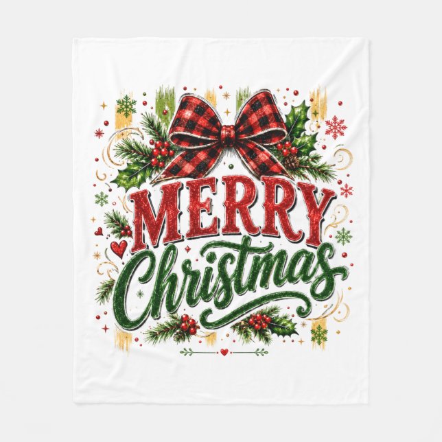 Merry Christmas Plaid Bow Fleece Blanket (Front)