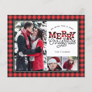 MERRY Christmas Plaid Budget 3-Photo Holiday Card