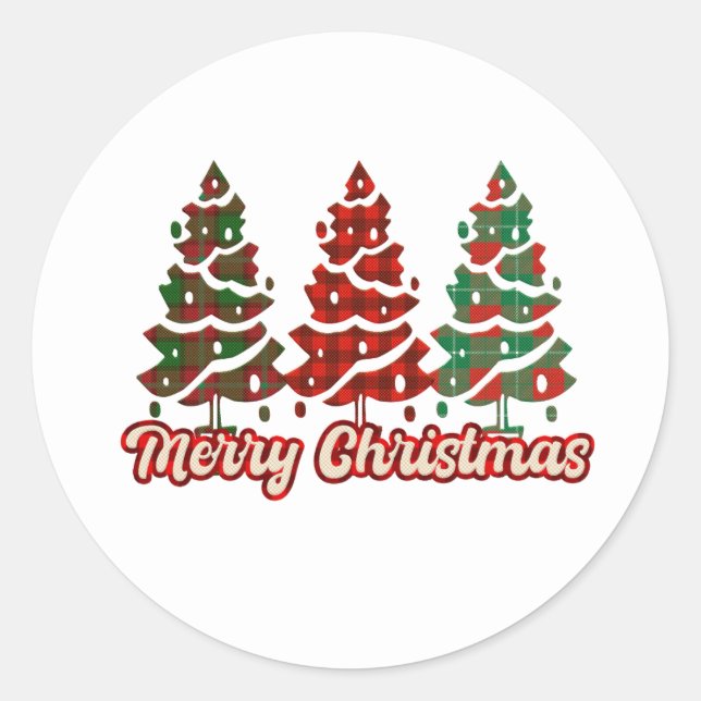 Merry Christmas Plaid Christmas Tree Classic Round Sticker (Front)