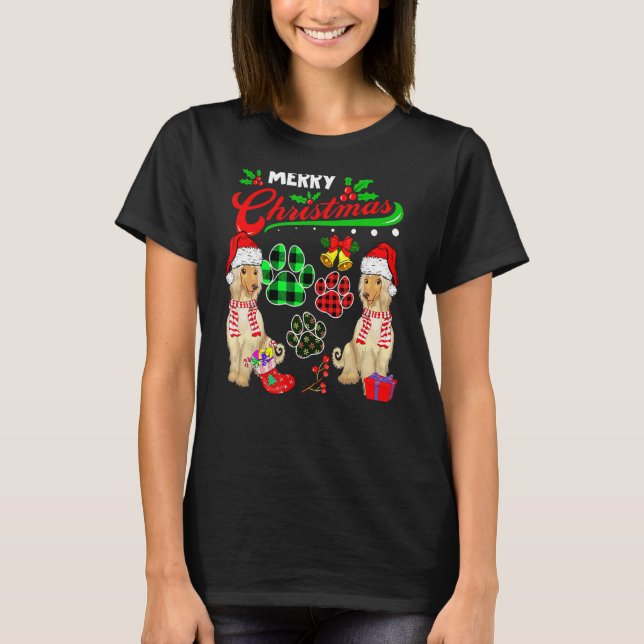 Merry Christmas Plaid Dog Paws Two Santa Afghan Ho T-Shirt (Front)