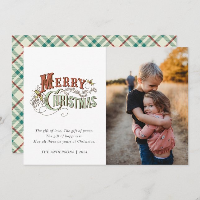 Merry Christmas Plaid Family Photo Christmas Holiday Card (Front/Back)