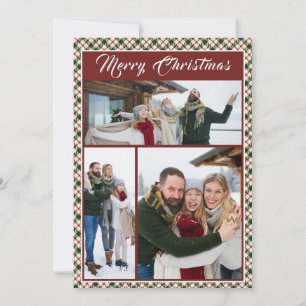 Merry Christmas Plaid Family Photo Collage Holiday Card