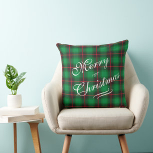 Merry Christmas Plaid Green Festive Wreath  Cushion