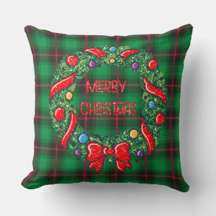 Merry Christmas Plaid Green Festive Wreath  Cushion