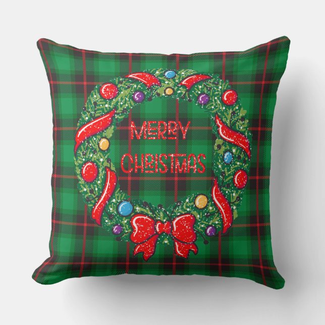 Merry Christmas Plaid Green Festive Wreath  Cushion (Front)