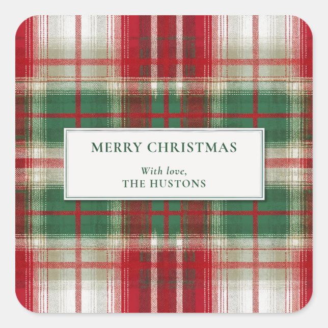 Merry Christmas Plaid Holiday Square Sticker (Front)