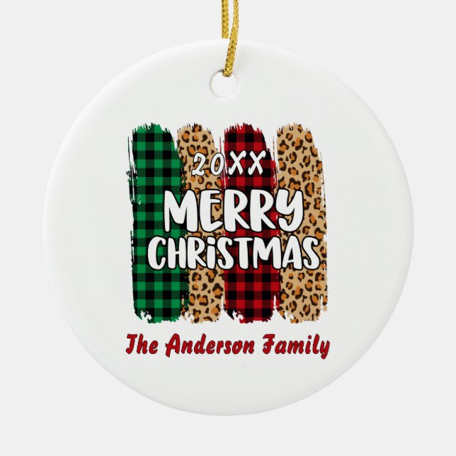 Merry Christmas Plaid & Leopard Print Family Name  Ceramic Tree Decoration (Front)