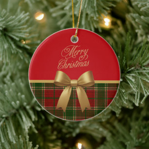 Merry Christmas Plaid Ornament with Gold Bow