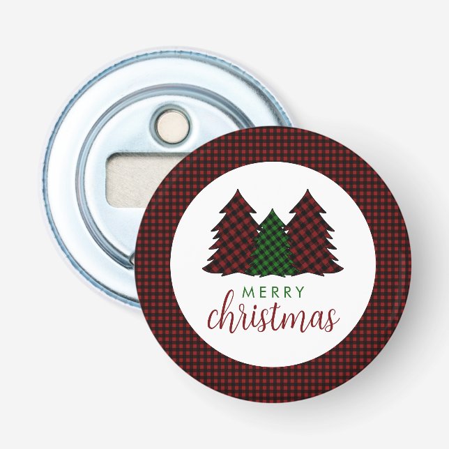 Merry Christmas Plaid Pattern Christmas Tree Bottle Opener (Front)