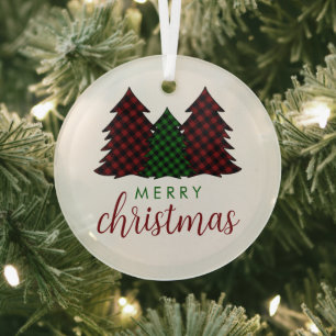 Merry Christmas Plaid Pattern Christmas Tree Glass Tree Decoration