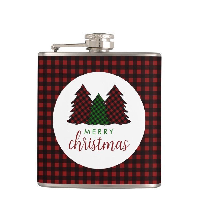 Merry Christmas Plaid Pattern Christmas Tree Hip Flask (Front)