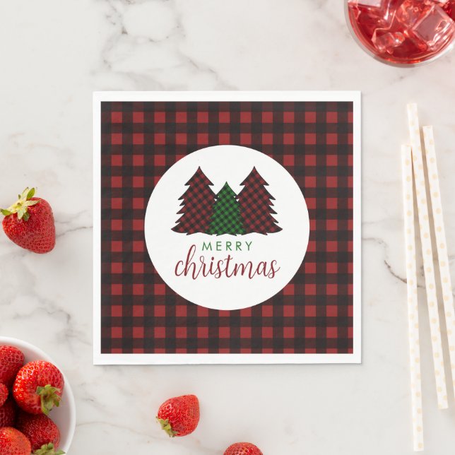 Merry Christmas Plaid Pattern Christmas Tree Napkin (Insitu)