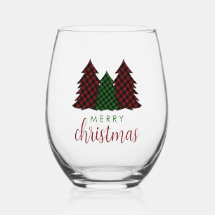 Merry Christmas Plaid Pattern Christmas Tree Stemless Wine Glass