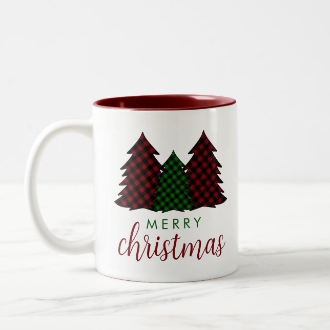 Merry Christmas Plaid Pattern Christmas Tree Two-Tone Coffee Mug (Left)