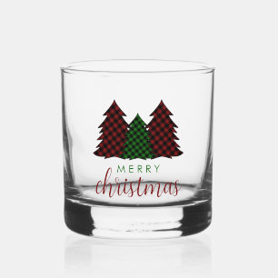Merry Christmas Plaid Pattern Christmas Tree Whiskey Glass