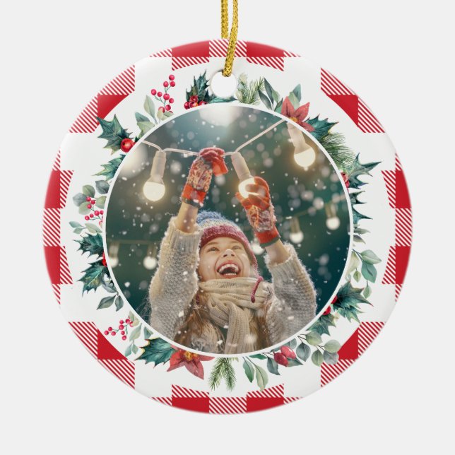 Merry Christmas Plaid Photo Mistletoe Ceramic Tree Decoration (Front)