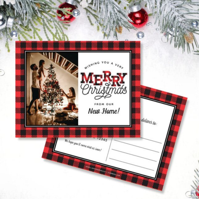 MERRY Christmas Plaid Photo Moving Announcement Postcard (Creator Uploaded)