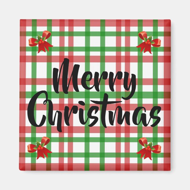Merry Christmas Plaid Red Bows Kitchen Magnet (Front)