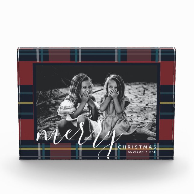Merry Christmas Plaid Red Custom Gift Photo Block (Front)