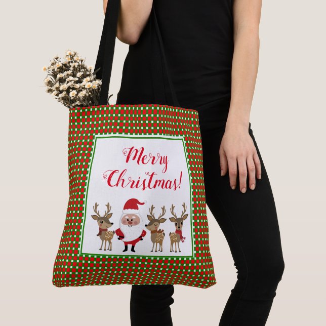 Merry Christmas Plaid Red Green Santa Claus Tote Bag (Close Up)