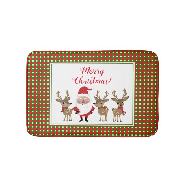 Merry Christmas Plaid Red Green Santa Reindeer Bath Mat (Front)