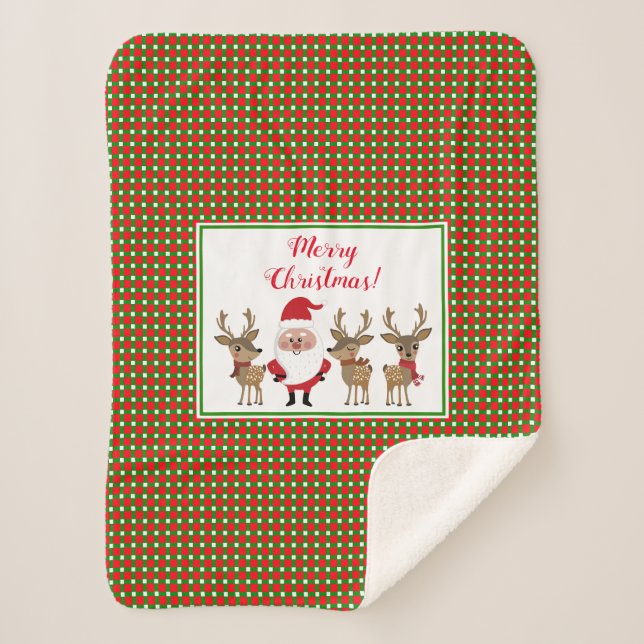 Merry Christmas Plaid Santa Reindeer Cute Holiday Sherpa Blanket (Front)