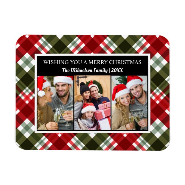Merry Christmas Plaid Tartan Photo Collage Magnet (Horizontal)
