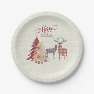 Merry Christmas Plaid Trees, Deer Paper Plate