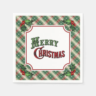 Merry Christmas Plaid with Holly Napkin