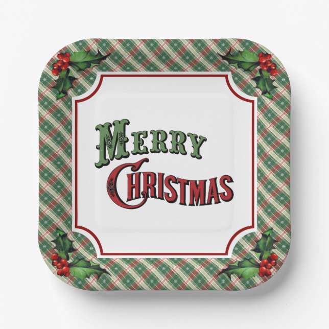 Merry Christmas Plaid with Holly Paper Plate (Front)