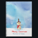 Merry Christmas Planner Snowman Waving And Smiling Notebook<br><div class="desc">A notebook with a cute snowman illustration. He is wearing a black stovepipe hat, holding a classic corn cob pipe, and wearing a red scarf. Standing in the cold white snow smiling and waving hello. The background is composed of a watercolor sky with blue and purple colours blending and mingling...</div>
