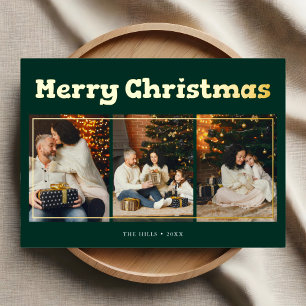 Merry Christmas Playful Photo Green Foil Holiday Card
