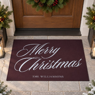 Merry Christmas Plum Script Bold Family Name Doormat