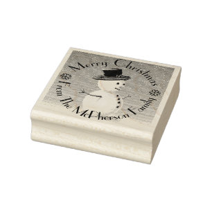 Merry Christmas, plus your family name, snowman Rubber Stamp