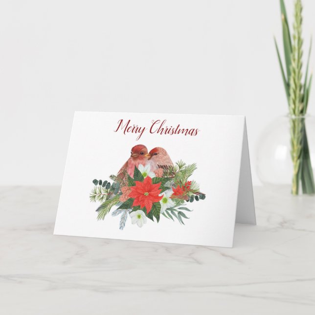 Merry Christmas Poinsettia and Two Red Birds  Card (Front)