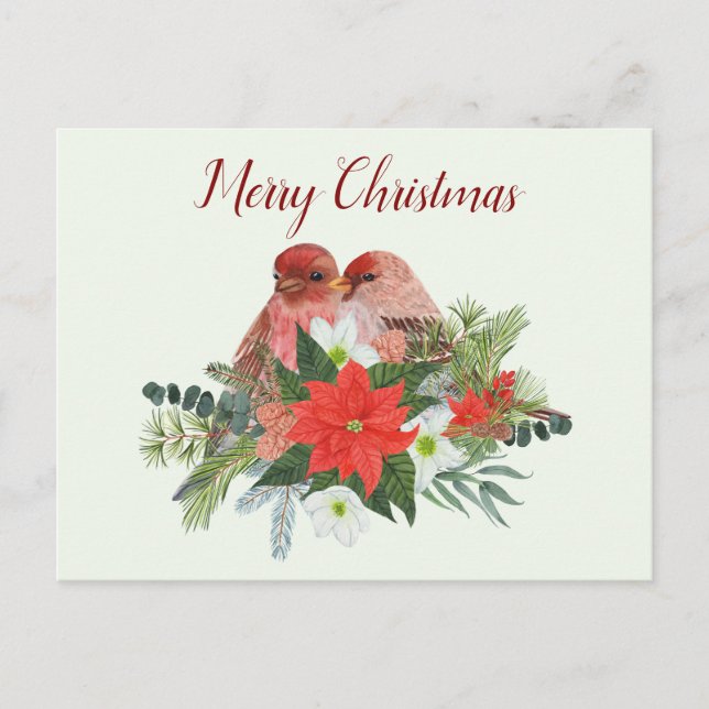Merry Christmas Poinsettia and Two Red Birds Holiday Postcard (Front)