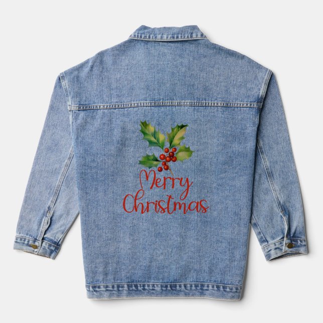 Merry Christmas, Poinsettia Berries Design Womens  Denim Jacket (Back)