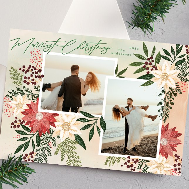 Merry Christmas Poinsettia Botanical Photo Collage Holiday Card (Creator Uploaded)