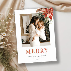 Merry Christmas Poinsettia Bunch Photo Watercolor Holiday Card