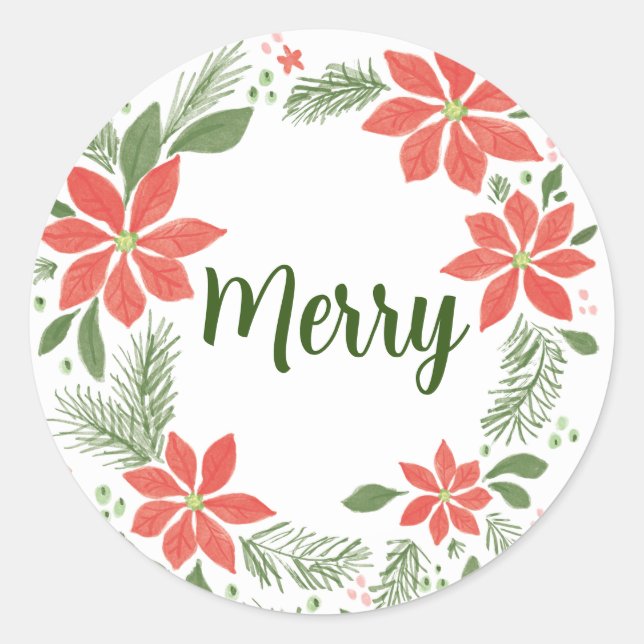 Merry Christmas Poinsettia Classic Round Sticker (Front)
