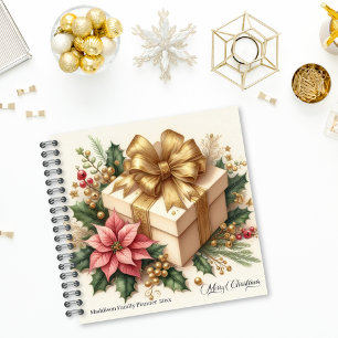 Merry Christmas Poinsettia Coquette Gold Bow Notebook