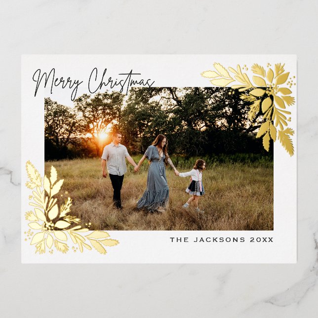 Merry Christmas Poinsettia Design Foil Holiday Postcard (Front)