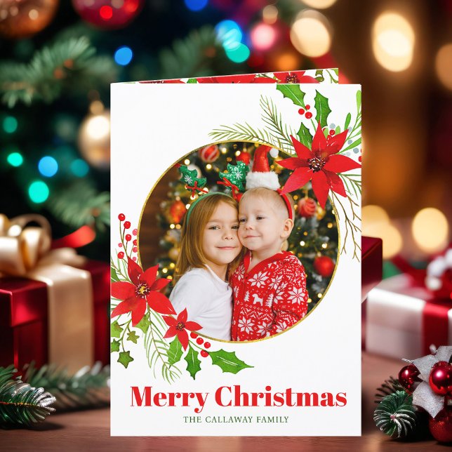 Merry Christmas Poinsettia Family Letter Photo Holiday Card (Creator Uploaded)