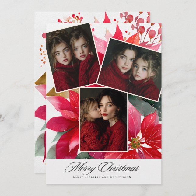 Merry Christmas Poinsettia Floral holiday 3 photo (Front/Back)