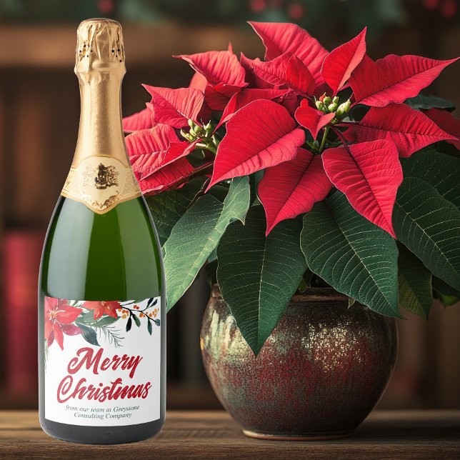 Merry Christmas Poinsettia Floral Holiday Party Sparkling Wine Label (Creator Uploaded)