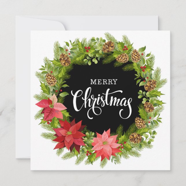 Merry Christmas Poinsettia Floral Wreath Editable Holiday Card (Front)