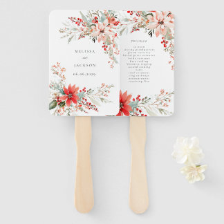 Merry Christmas Poinsettia Flower Holiday Hand Fan