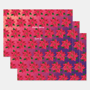 Merry Christmas Poinsettia Flower on Pink Mauve Wrapping Paper Sheet
